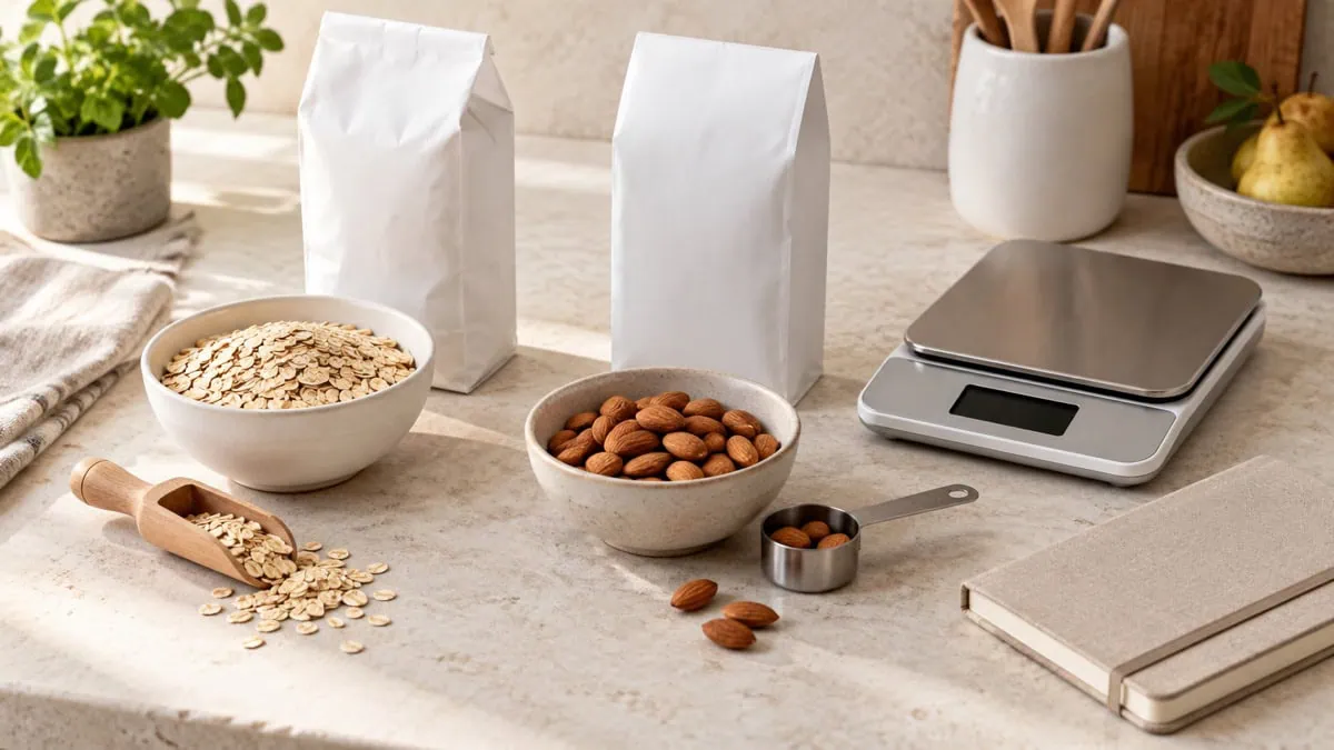 Flocons d'avoine, amandes, emballages neutres, balance de cuisine et mesure