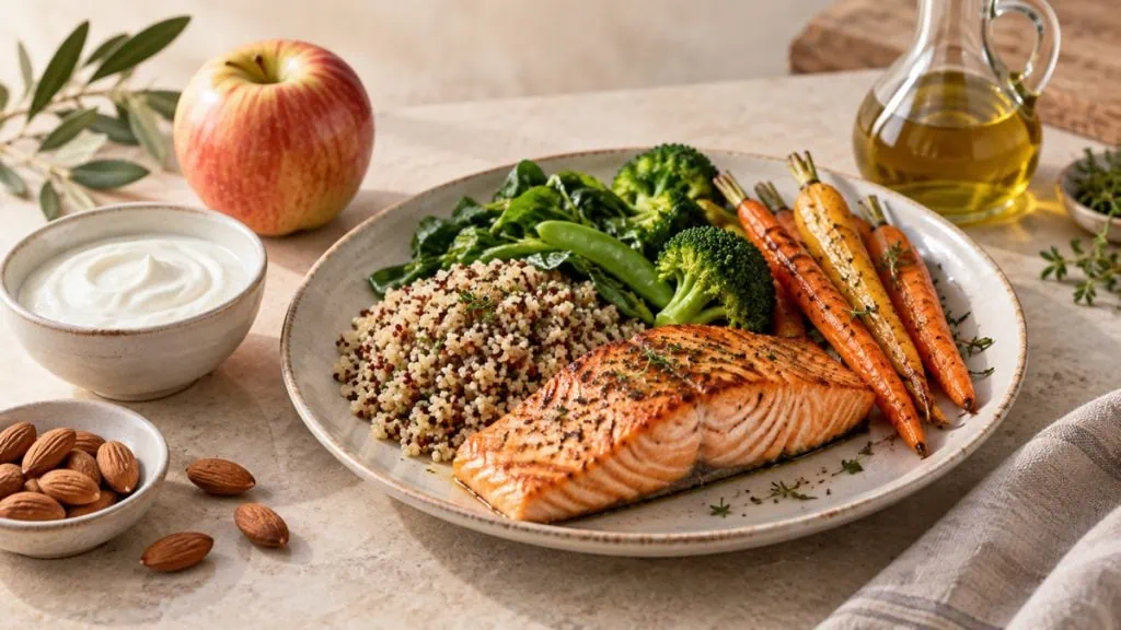 Repas composé de saumon, quinoa, légumes, yaourt, pomme, amandes et huile d’olive