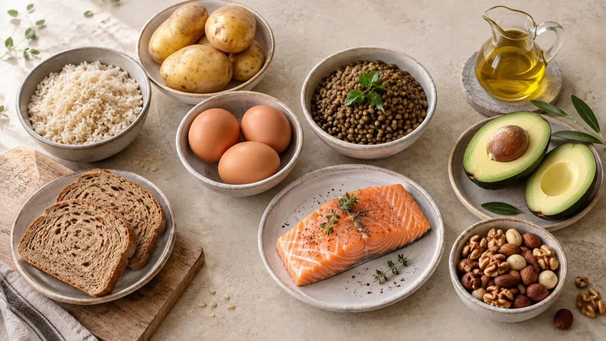 Riz, pain, pommes de terre, œufs, lentilles, saumon, huile d'olive, avocat et noix