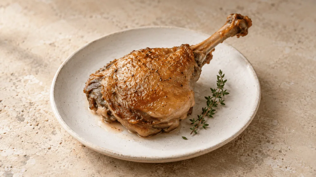 Cuisse de canard confite dorée sur une assiette en grès