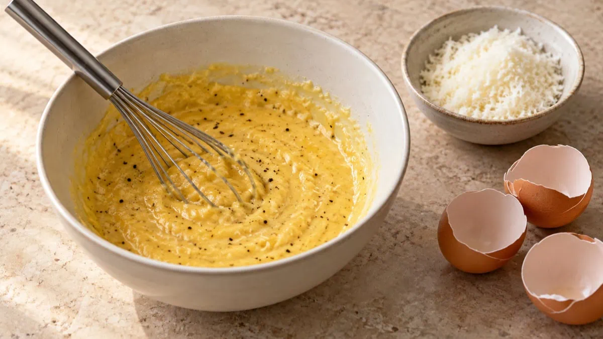 Mélange épais de jaunes d’œufs, Pecorino Romano et poivre pour une carbonara