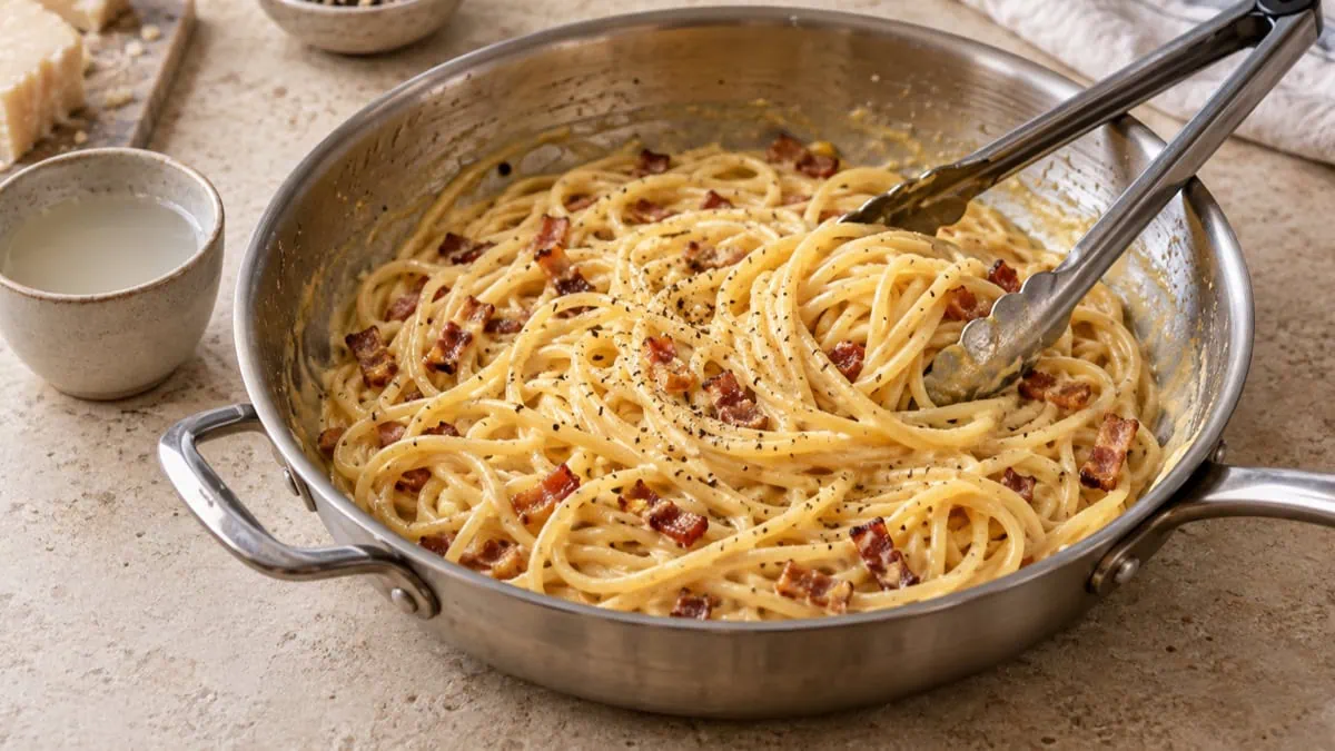 Spaghetti carbonara émulsionnés hors du feu dans une poêle avec de l’eau de cuisson réservée