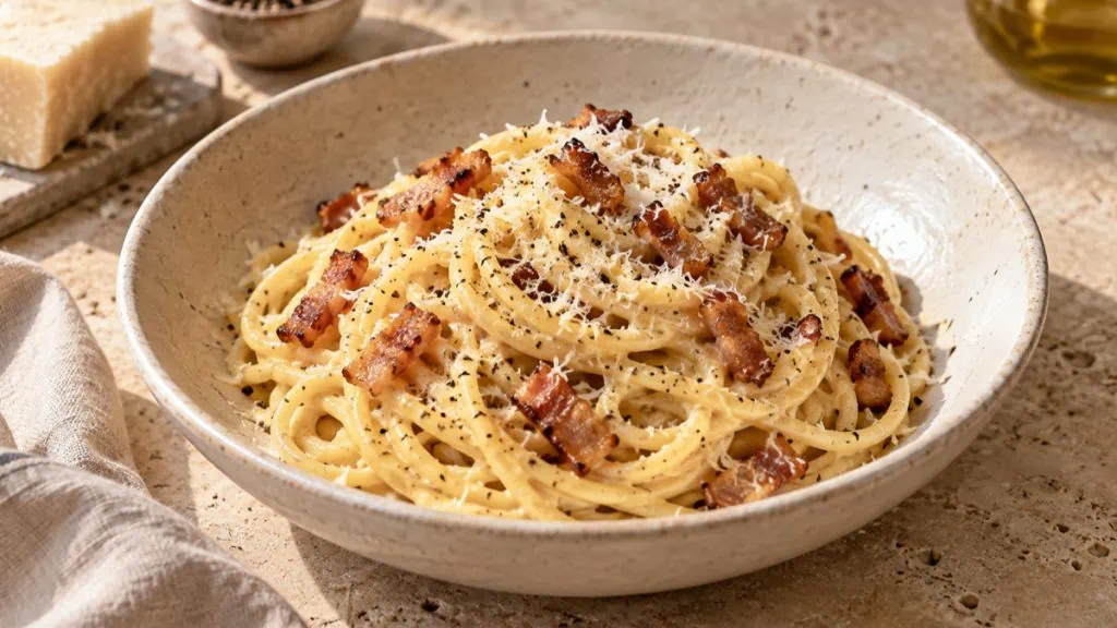 Spaghetti carbonara crémeux au guanciale, Pecorino Romano et poivre noir