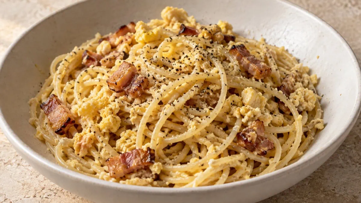 Carbonara ratée avec des morceaux d’œufs brouillés visibles sur les spaghetti