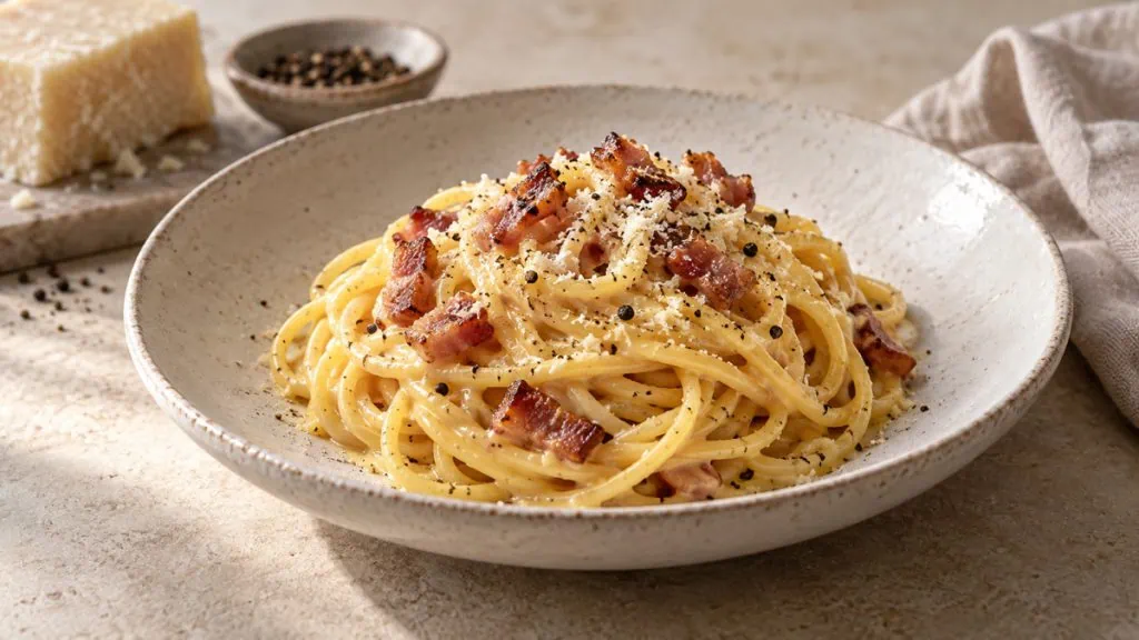 Carbonara romaine aux spaghetti, guanciale, pecorino, œufs et poivre noir
