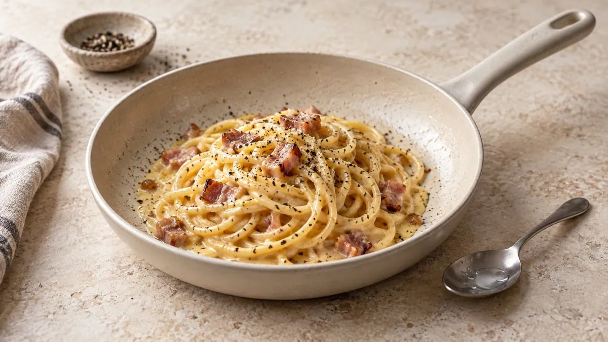 Carbonara réchauffée doucement à la poêle avec une petite quantité d’eau