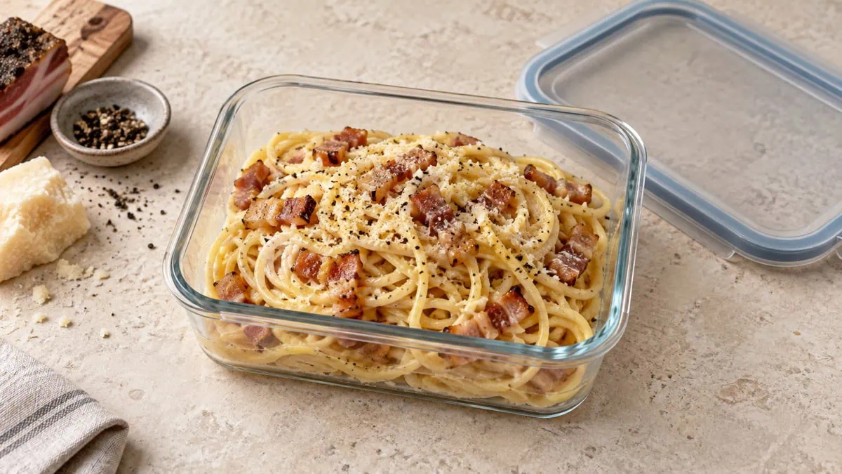Portion de carbonara répartie dans un récipient alimentaire peu profond