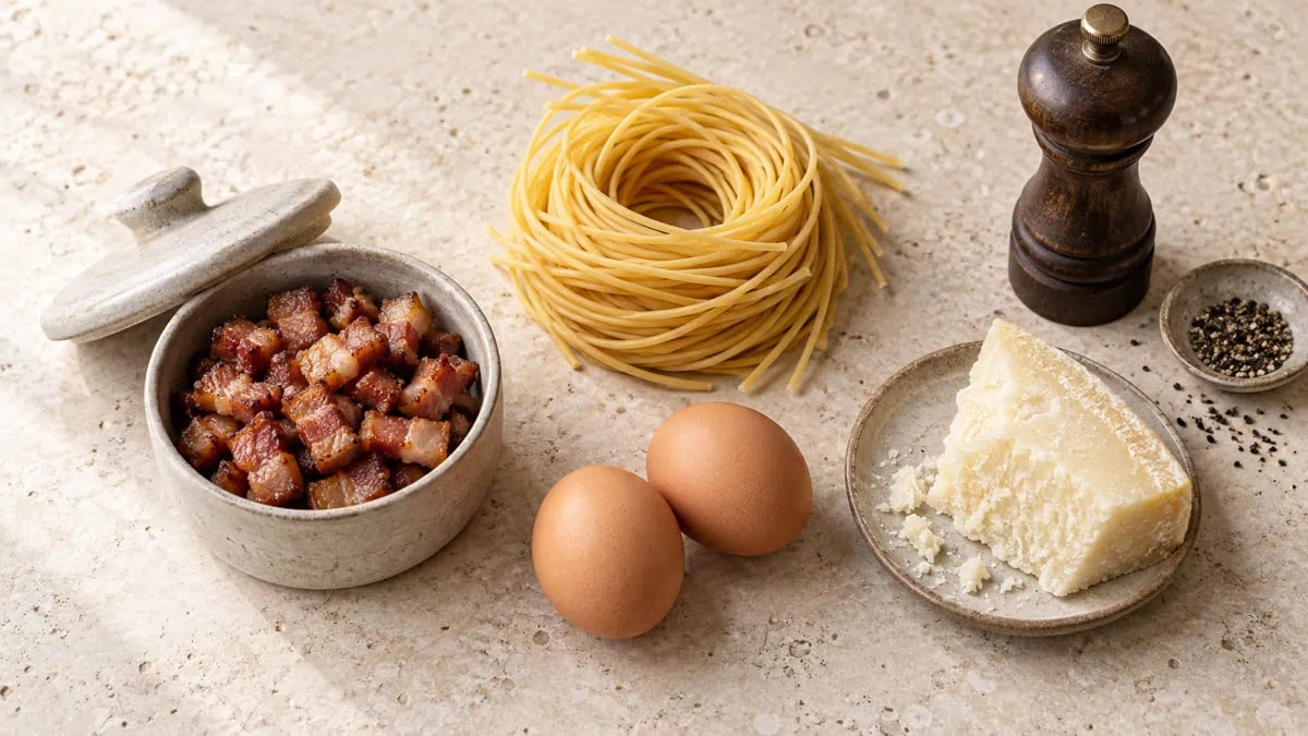 Guanciale cuit conservé séparément des spaghetti, œufs, pecorino et poivre