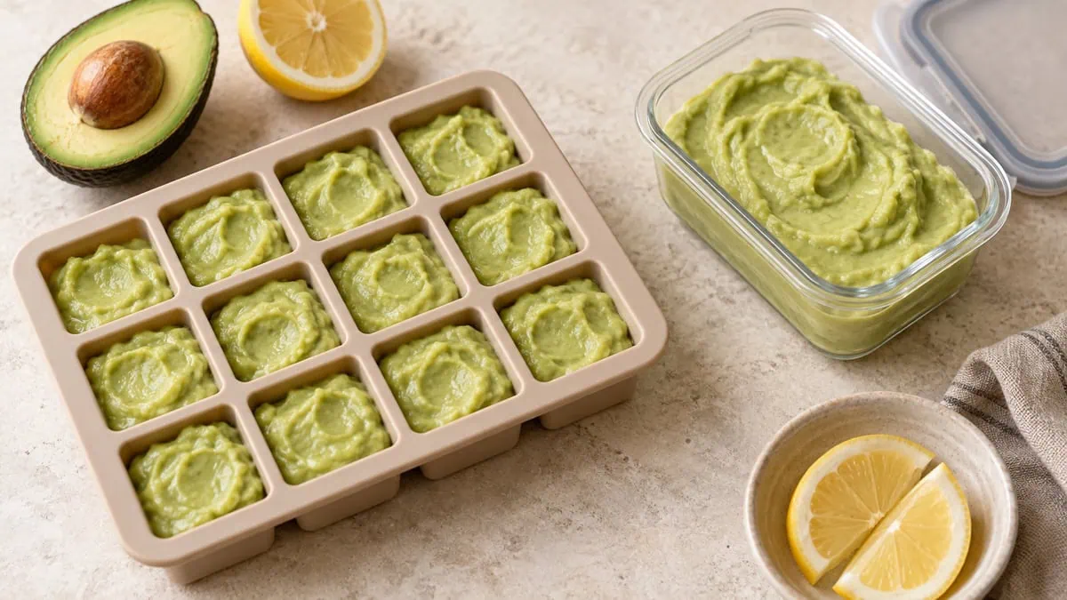 Purée d’avocat citronnée répartie en petites portions avant congélation