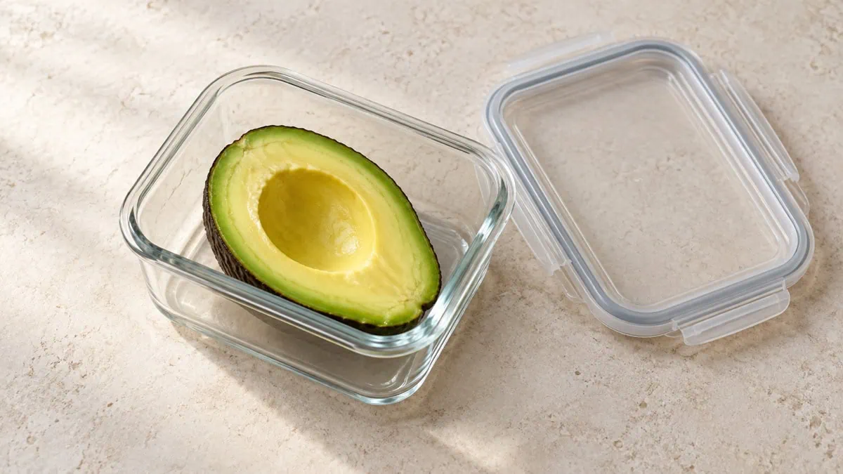 Moitié d’avocat citronnée conservée dans une petite boîte hermétique