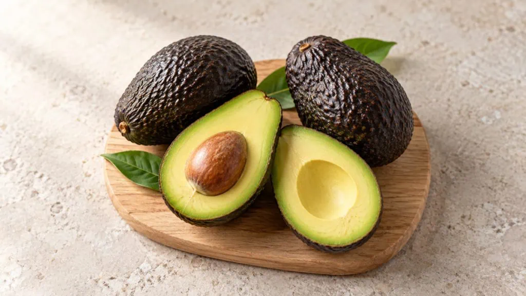Avocats Hass entiers et coupés montrant une chair mûre et verte