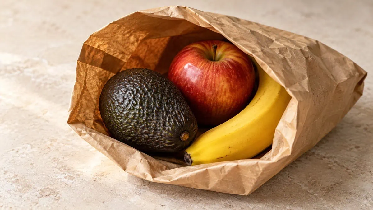 Avocat placé dans un sac en papier avec une pomme et une banane pour accélérer sa maturation