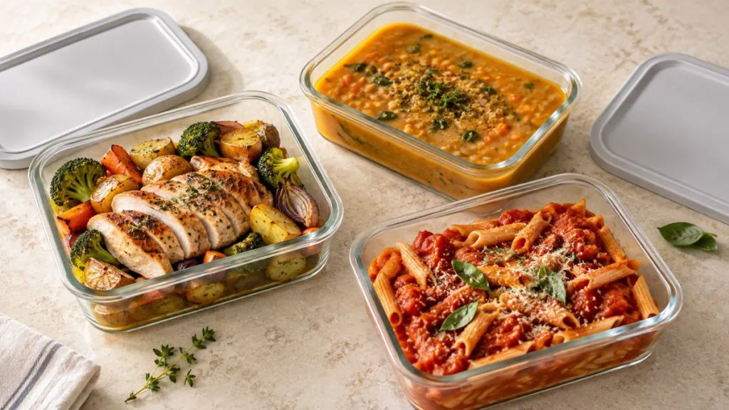 Restes de poulet, soupe et pâtes répartis dans des boîtes alimentaires en verre