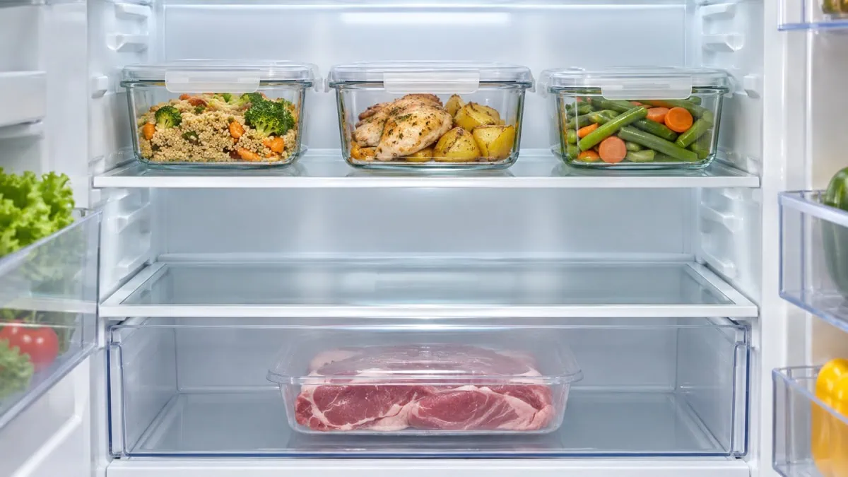 Restes cuits en boîtes fermées rangés au-dessus d’une viande crue emballée dans un réfrigérateur propre