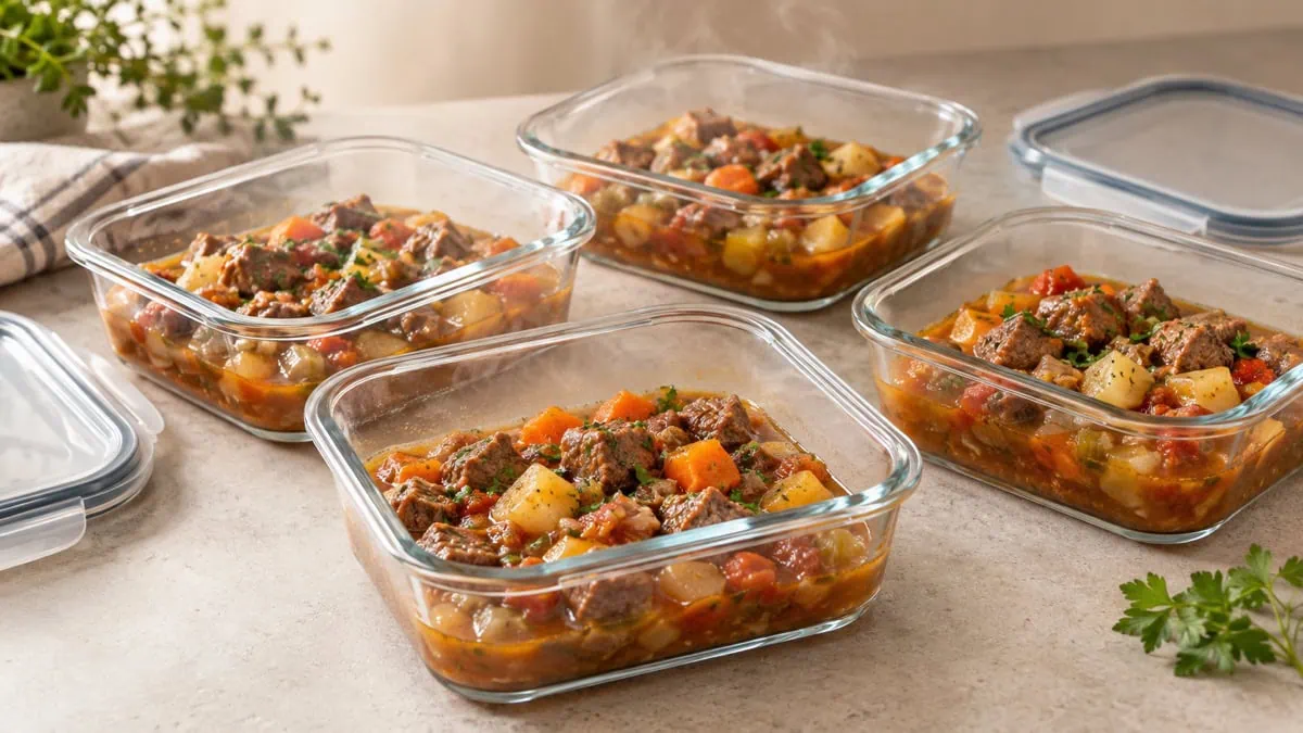 Ragoût réparti en petites portions dans des boîtes peu profondes pour refroidir rapidement