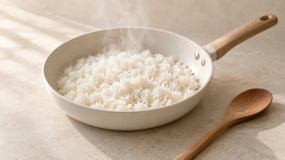Riz blanc réchauffé jusqu’à être fumant dans une poêle claire