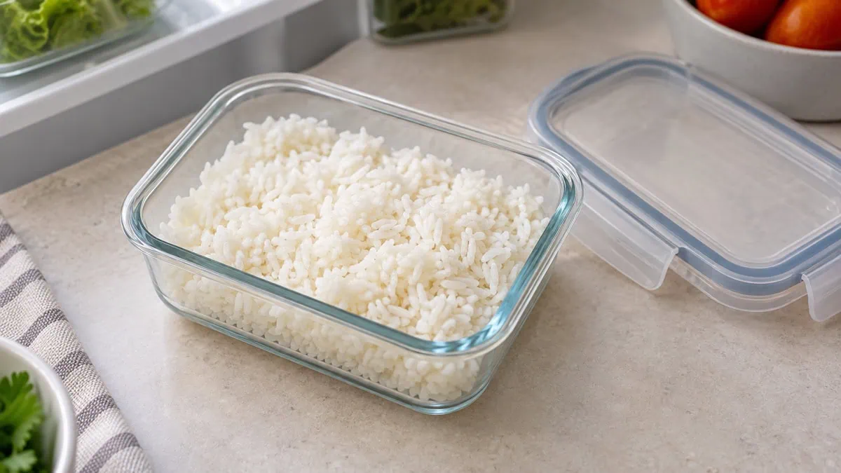 Riz cuit refroidi dans une boîte alimentaire peu profonde avec son couvercle
