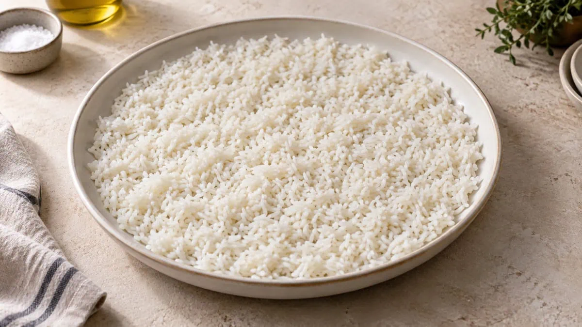 Riz cuit étalé en couche fine dans un plat peu profond pour refroidir rapidement
