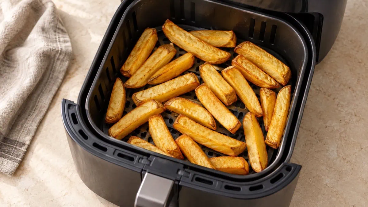 Frites maison dorées et espacées dans le panier d’un Airfryer