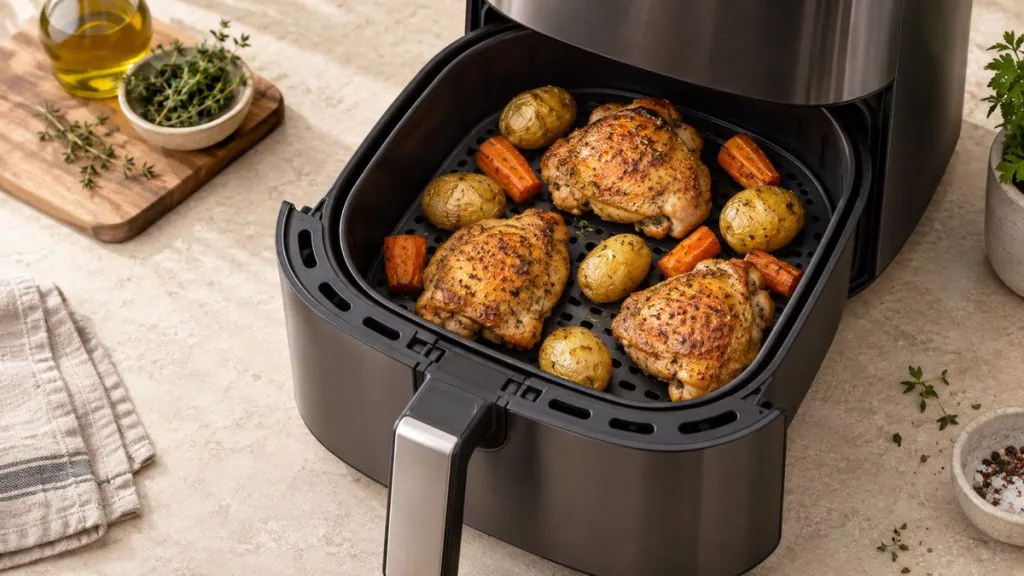 Trois morceaux de poulet, pommes de terre et carottes espacés dans un Airfryer