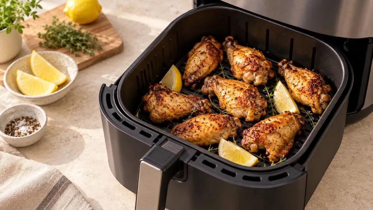 Ailes de poulet dorées et espacées dans un panier d’Airfryer