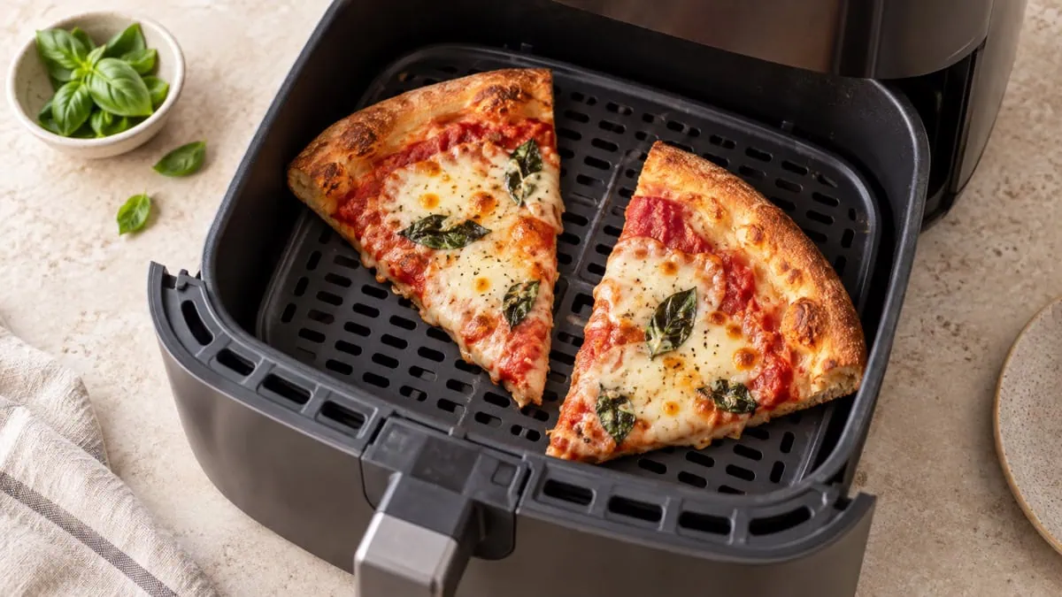 Deux parts de pizza réchauffées et espacées dans un Airfryer