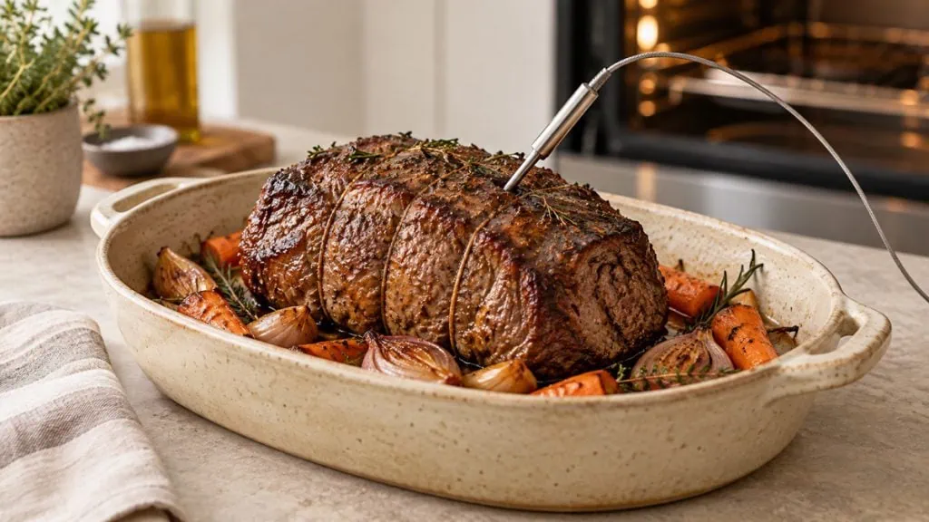 Rôti de bœuf doré dans un plat avec une sonde de cuisson au centre