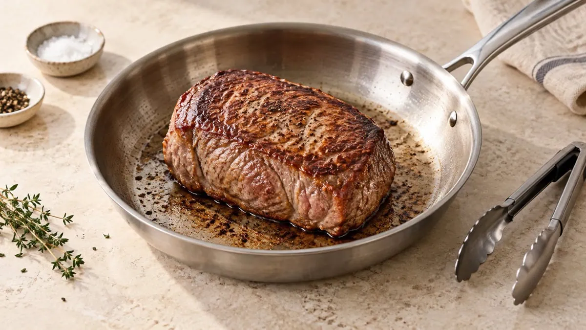 Pièce de bœuf entière saisie et dorée dans une poêle en inox