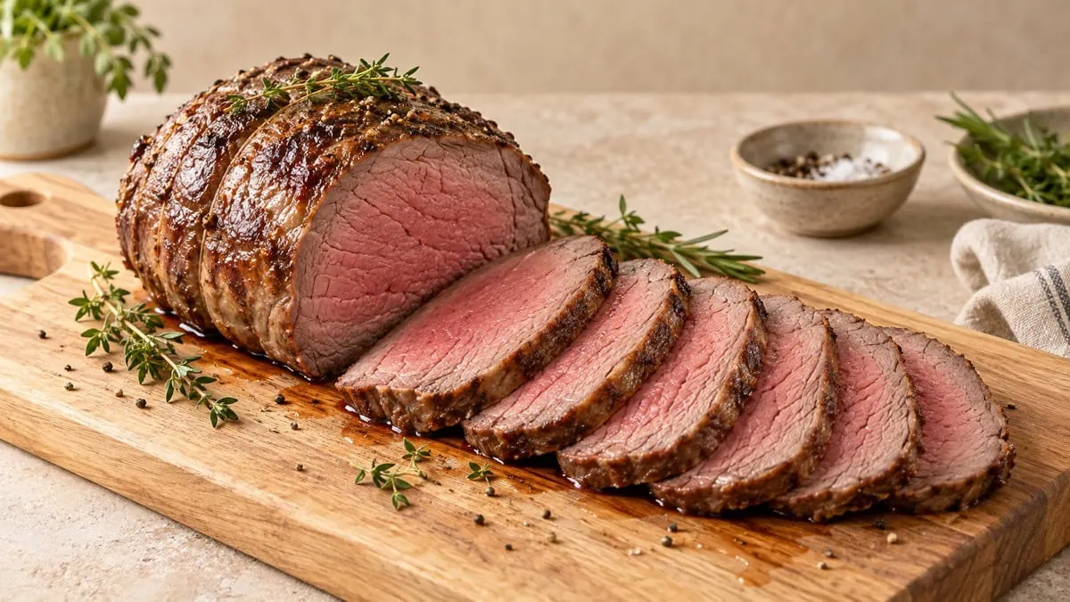 Rôti de bœuf tranché montrant une cuisson rosée régulière