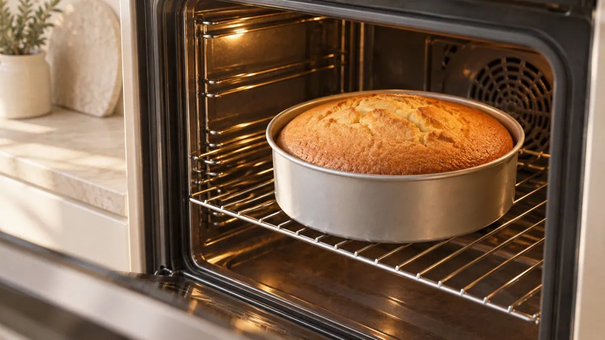 Gâteau bien levé dans un moule placé au centre d’un four