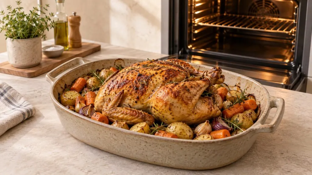 Poulet rôti avec pommes de terre et carottes devant un four ouvert