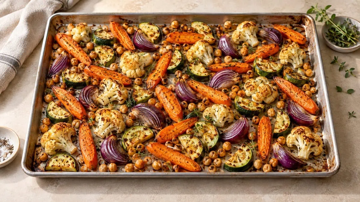 Carottes, courgettes, chou-fleur, oignons rouges et pois chiches rôtis sur une plaque