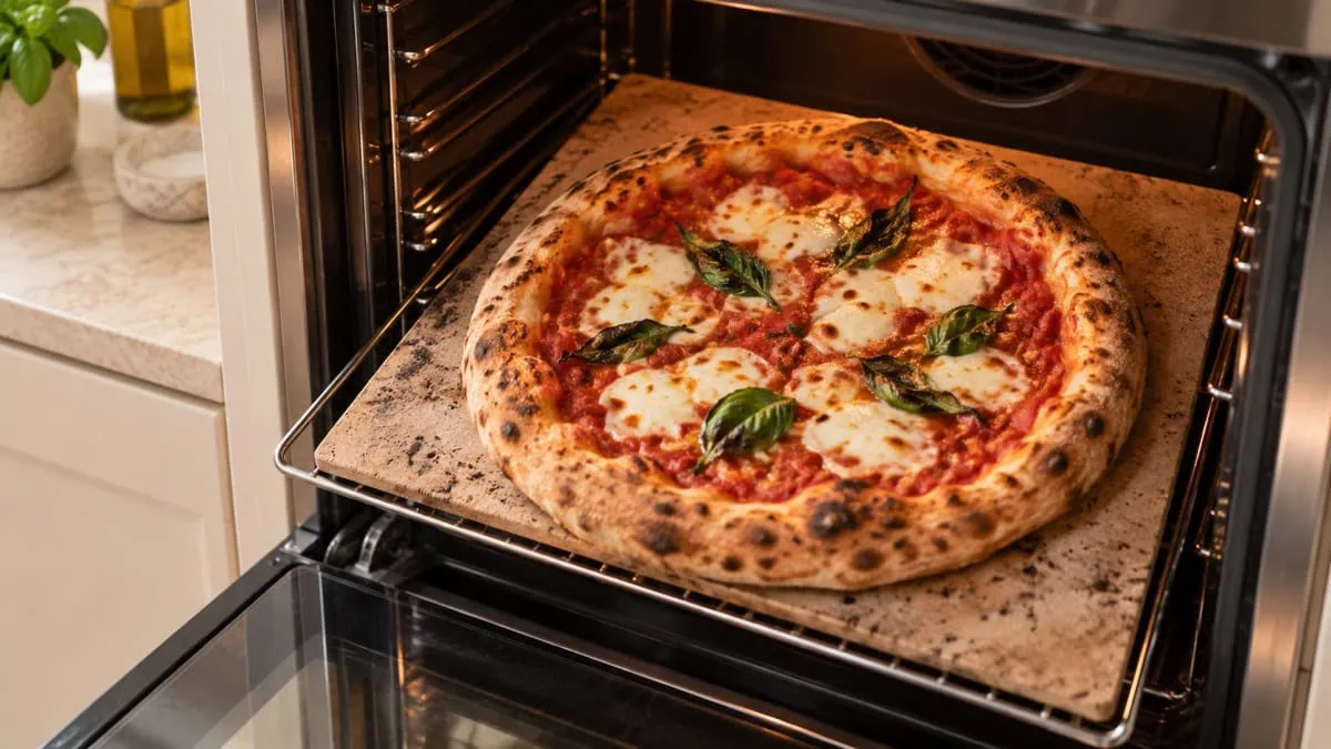 Pizza Margherita cuisant sur une pierre placée dans la partie basse du four