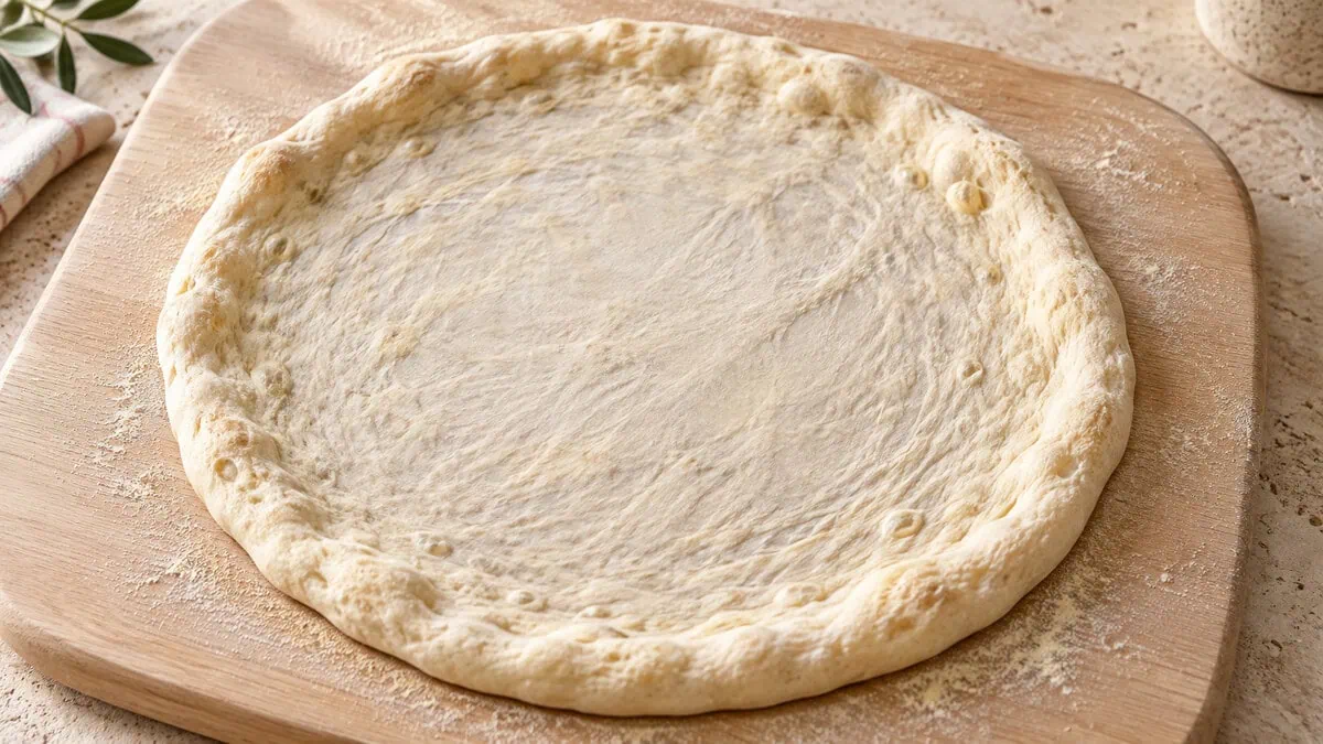 Disque de pâte à pizza étiré avec un centre fin et une bordure épaisse contenant de petites bulles