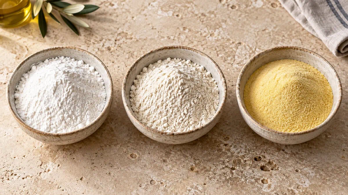 Trois bols contenant une farine blanche fine, une farine moins raffinée et une semoule de blé dur dorée