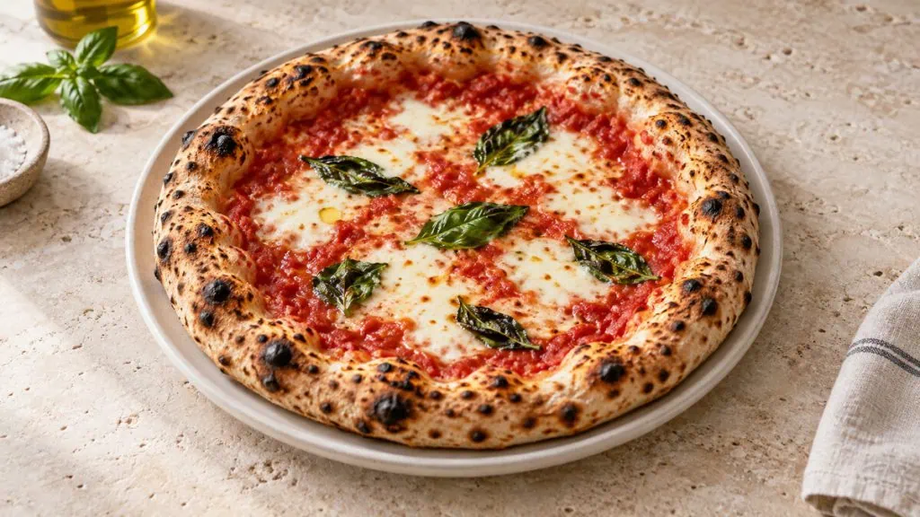 Pizza Margherita napolitaine entière avec une corniche haute, alvéolée et légèrement tachetée