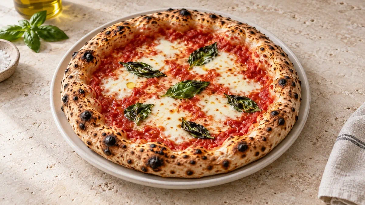 Pizza Margherita napolitaine entière avec une corniche haute, alvéolée et légèrement tachetée