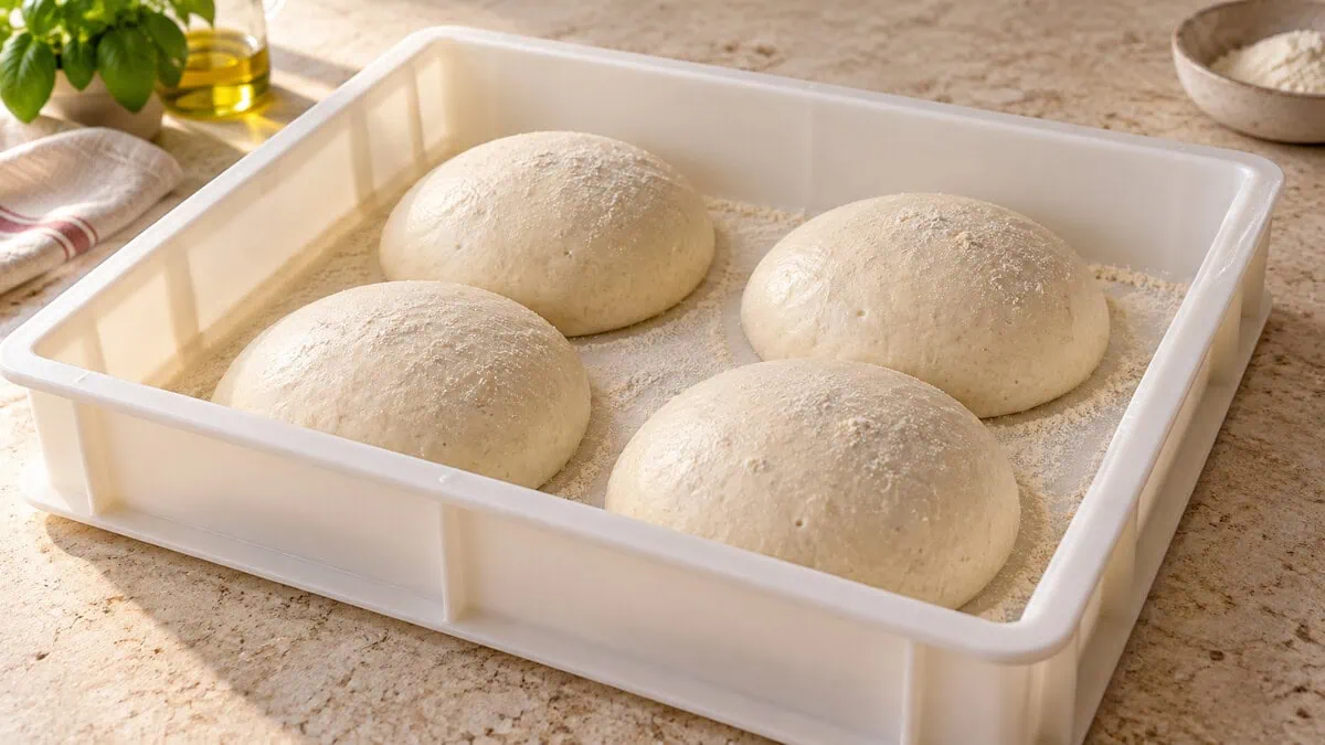 Quatre pâtons à pizza lisses et fermentés reposant dans un bac légèrement fariné