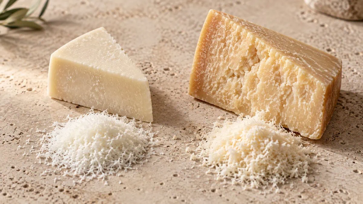 Pecorino romano pâle et parmigiano reggiano doré présentés côte à côte avec leurs râpés