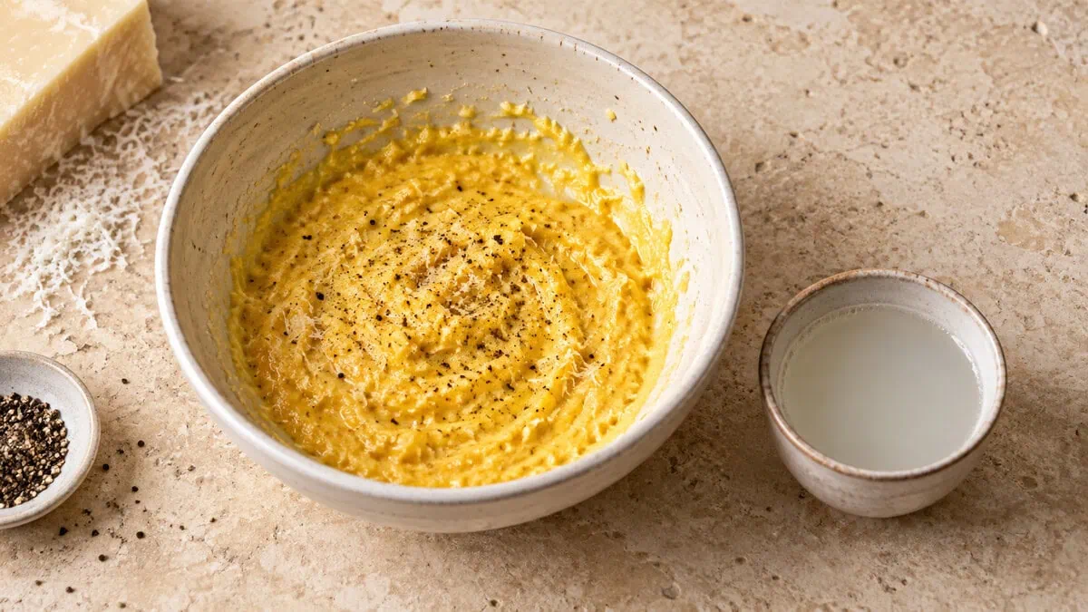 Mélange épais de jaunes d’œufs, pecorino romano râpé et poivre avec un ramequin d’eau de cuisson