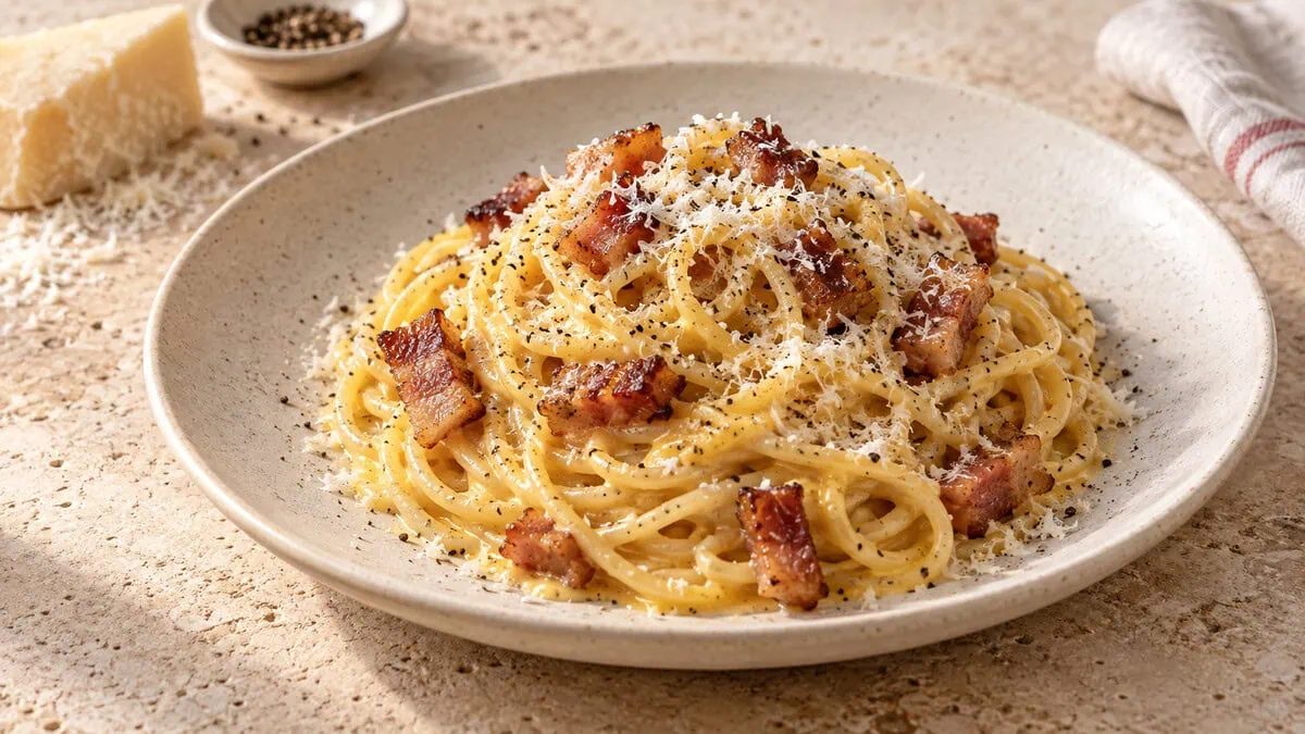 Spaghetti carbonara crémeux au pecorino romano, guanciale croustillant et poivre noir