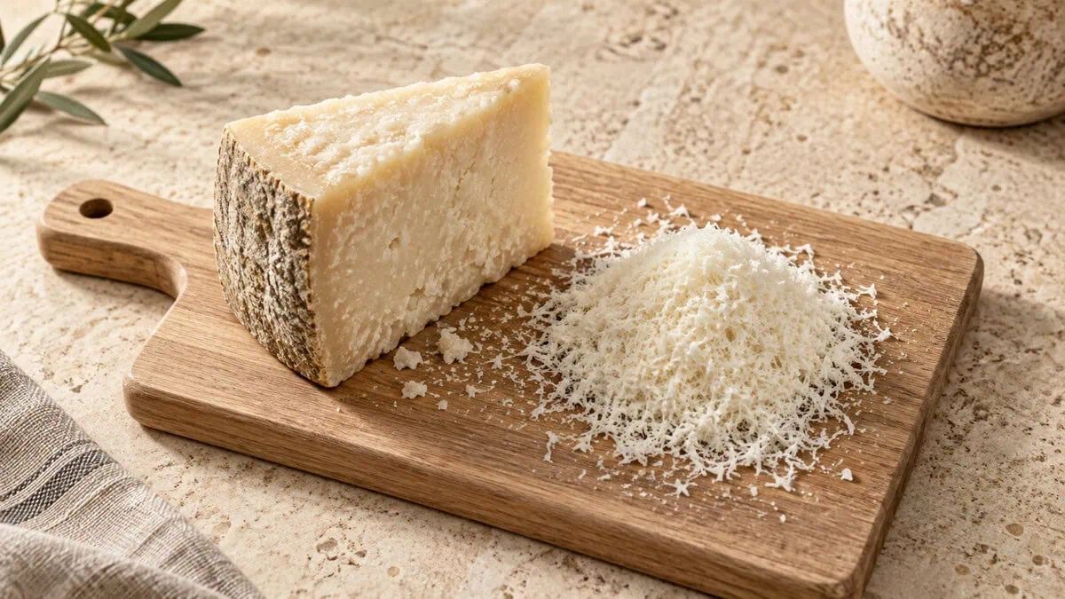 Morceau de pecorino romano affiné et pecorino finement râpé sur une planche claire