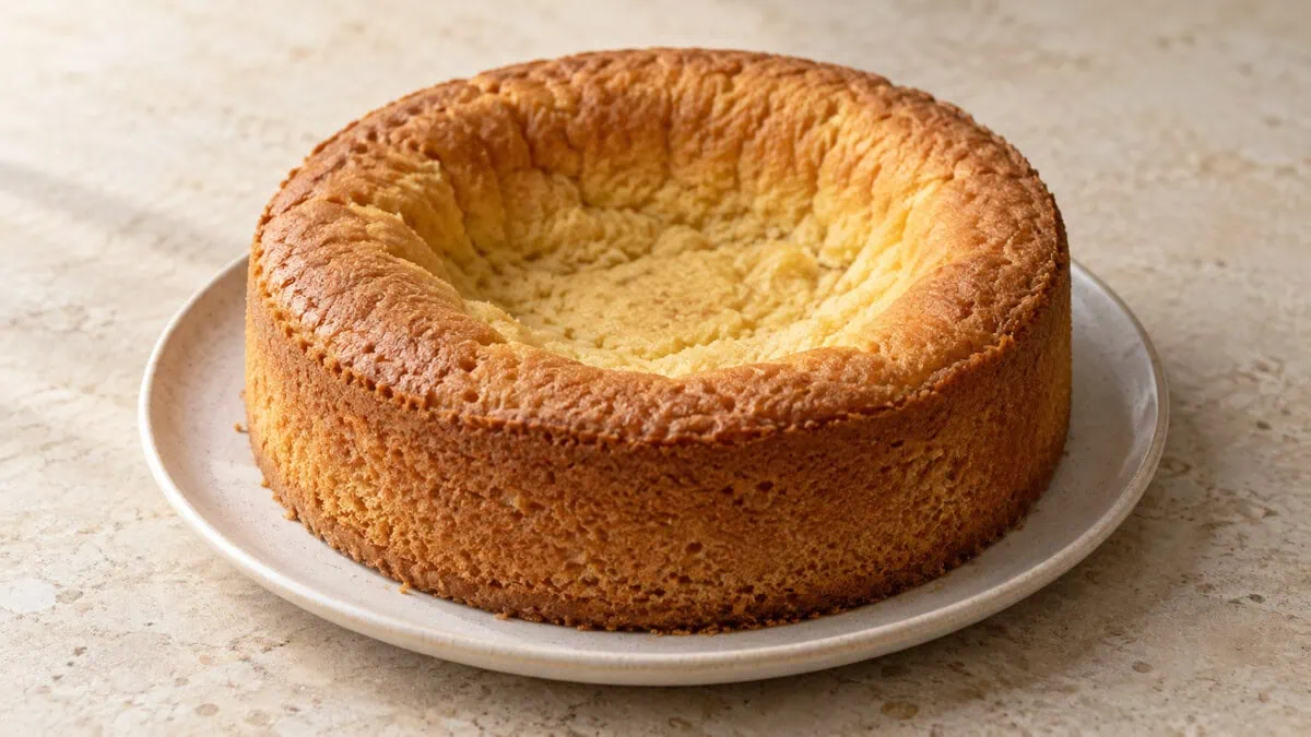 Gâteau doré avec un centre profondément affaissé après la cuisson