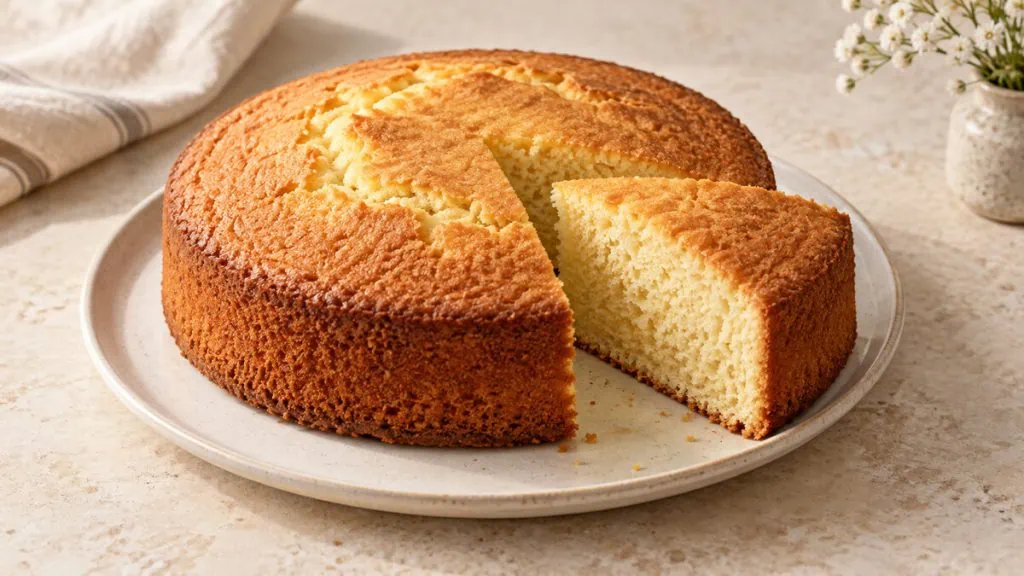 Gâteau au yaourt doré, bien levé et à la mie régulière sur une assiette en grès