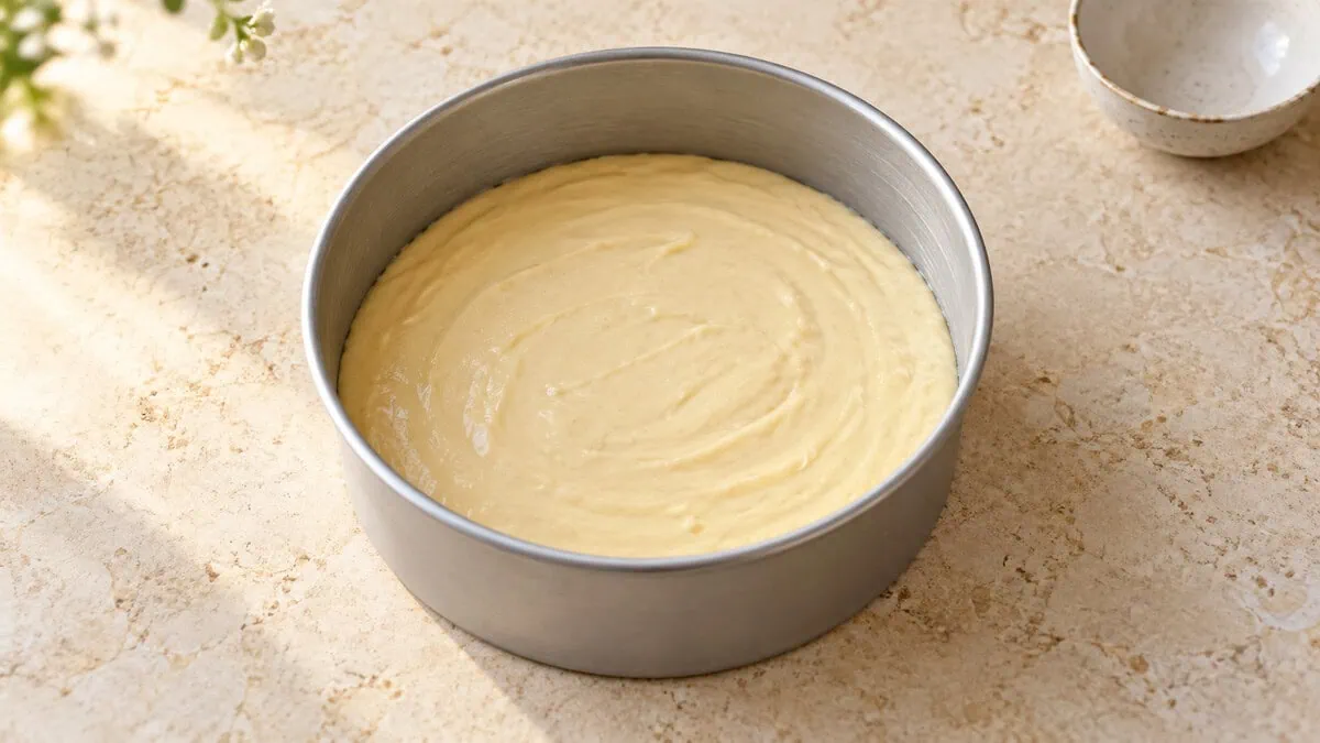 Pâte à gâteau répartie régulièrement dans un moule rond rempli aux deux tiers