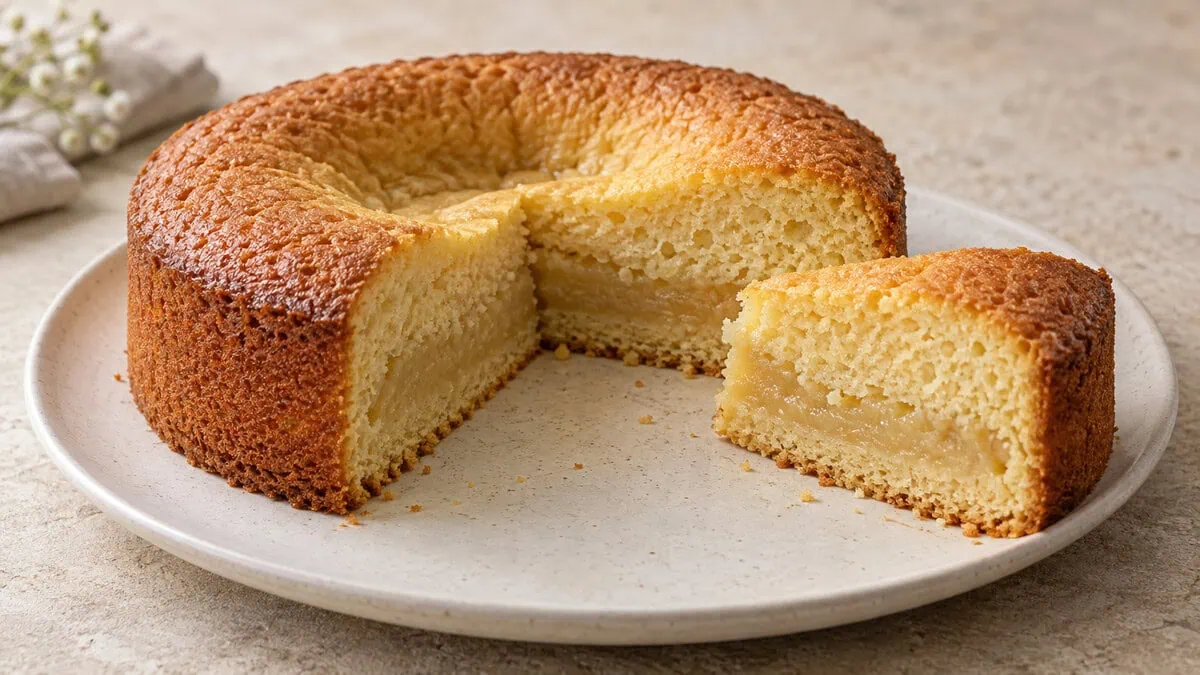 Gâteau affaissé coupé montrant une bande centrale dense et insuffisamment cuite