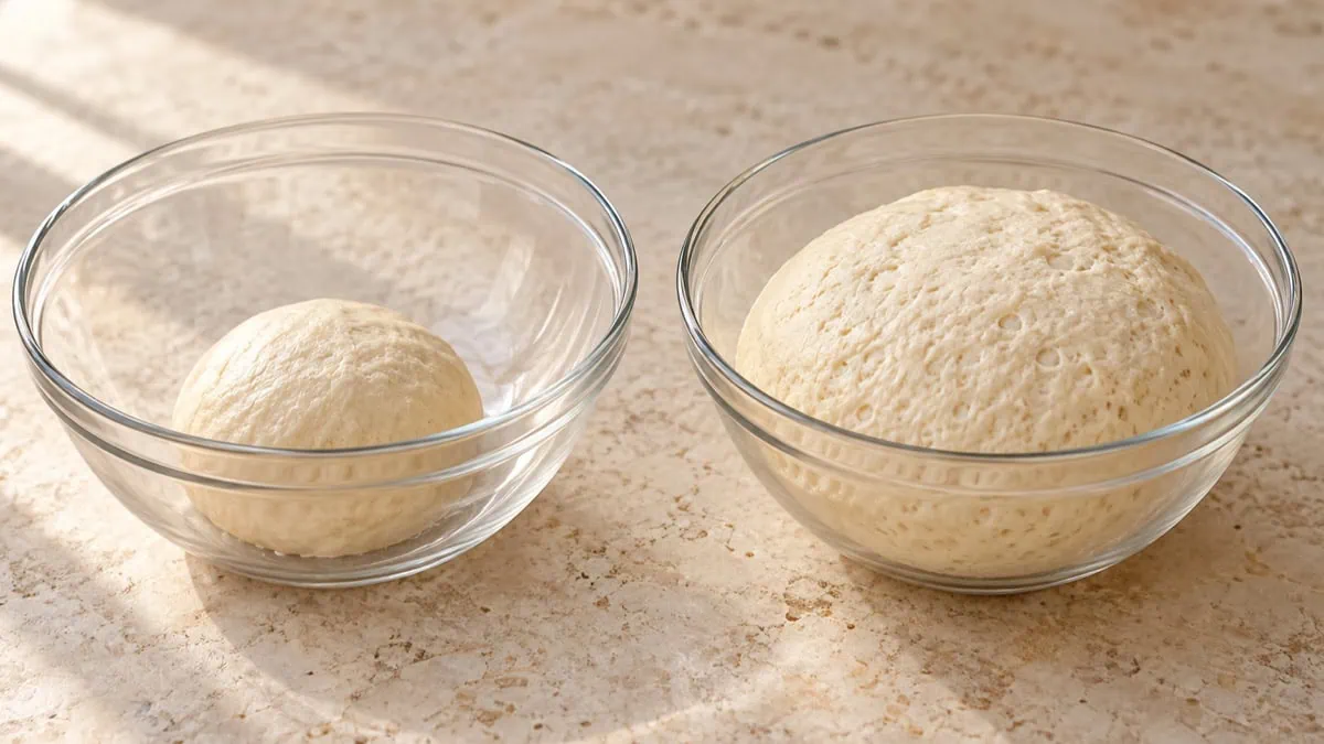 Deux pâtes dans des saladiers montrant le volume avant et après fermentation