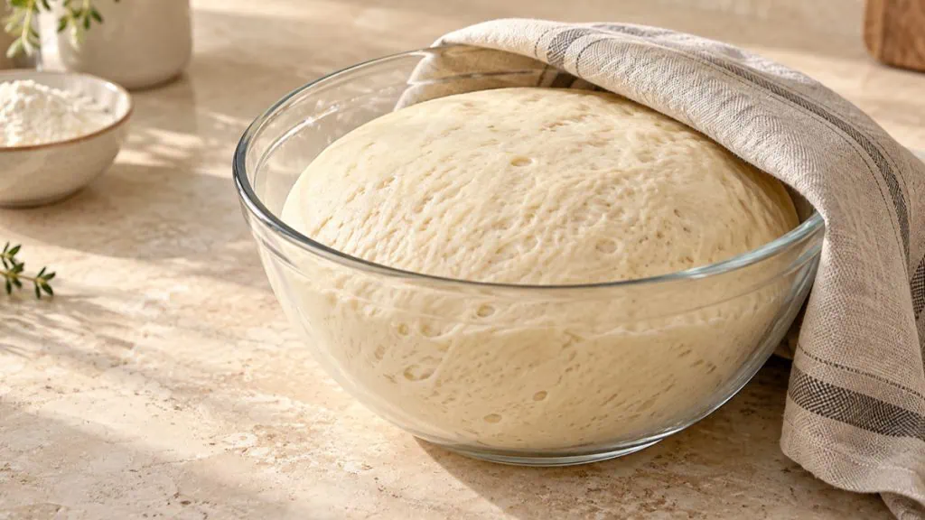 Pâte à la levure bien gonflée dans un saladier en verre