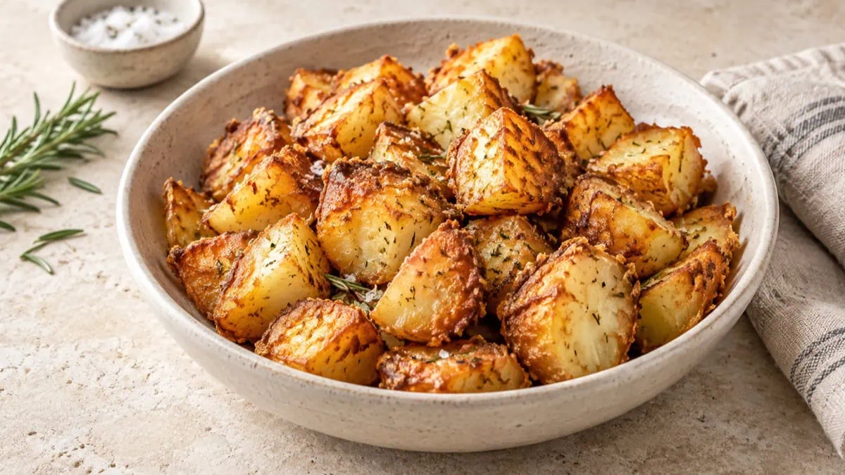 Pommes de terre rôties dorées avec des bords croustillants dans un plat en grès