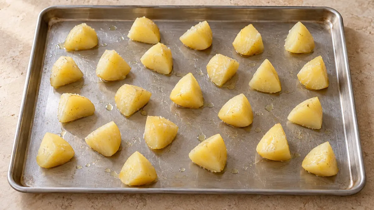 Morceaux de pommes de terre huilés espacés en une seule couche sur une plaque